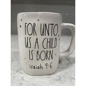 FOR UNTO US A CHILD IS BORN Isaiah 9:6 Rae Dunn Christmas 19oz Mug Gold Stars